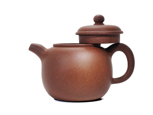 Cha Zhi Ji 匏尊壶 Yixing teapot, 225ml, silver grade purple clay (Zisha), lid lifted front-left view