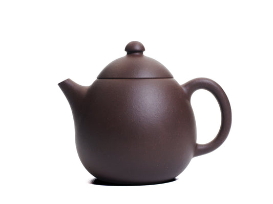 Left side view of the bronze grade Da Long Dan teapot with a gently curving spout and oval body.