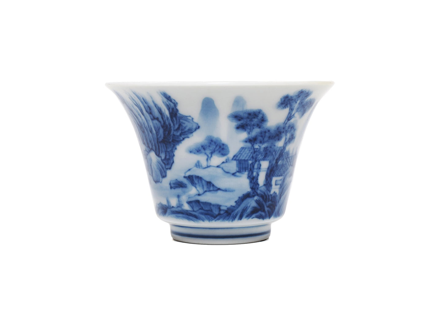 Front view of modern Jingdezhen teacup with hand-painted landscape design