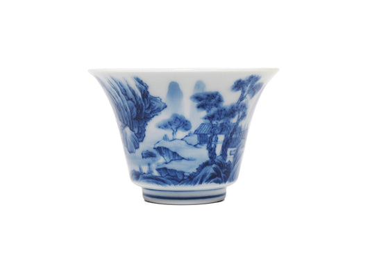 Front view of modern Jingdezhen teacup with hand-painted landscape design