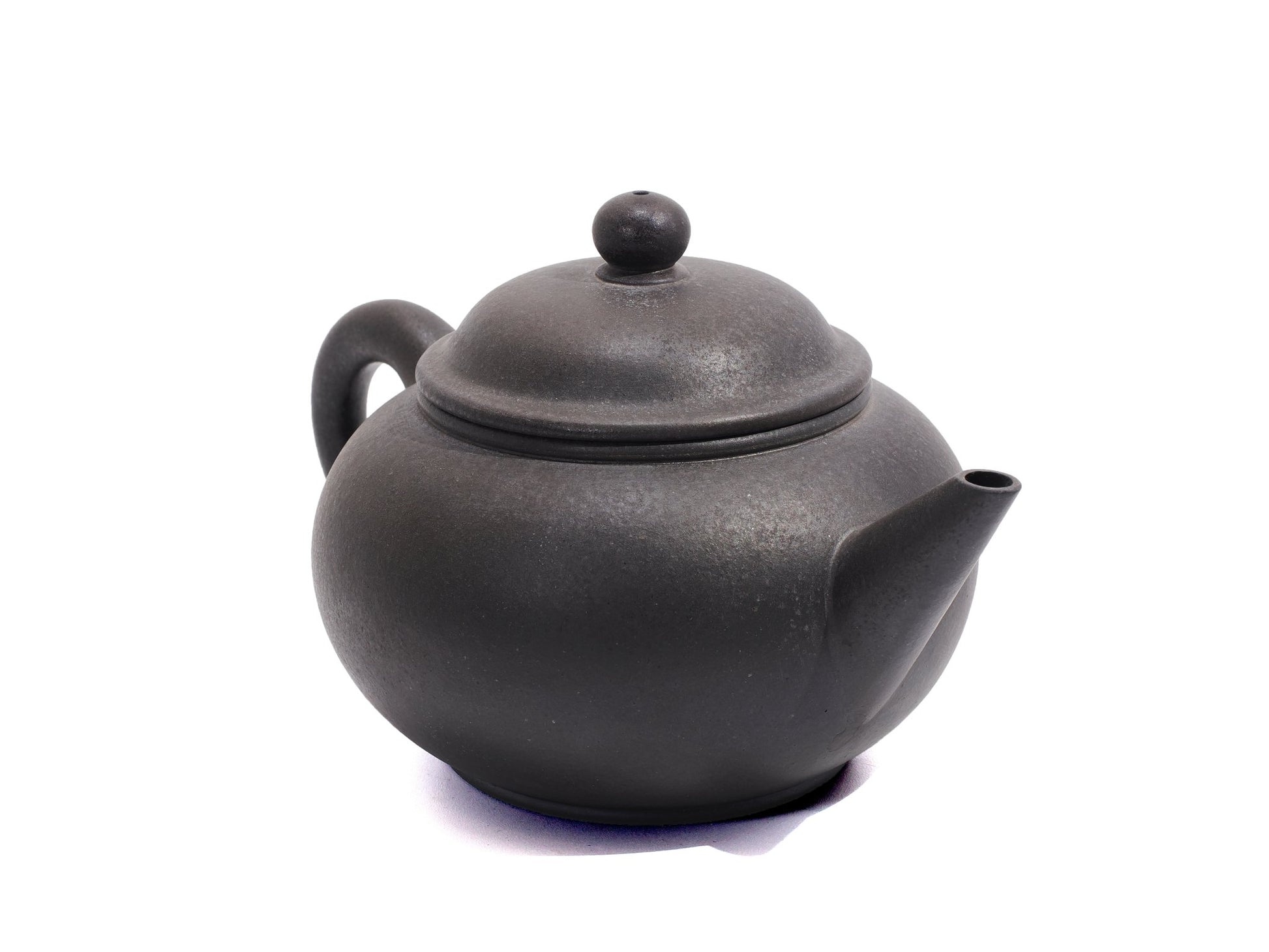 Angled view of Wood Fired “22 Cups” Shui Ping Yixing Teapot – Bronze Grade Purple Clay