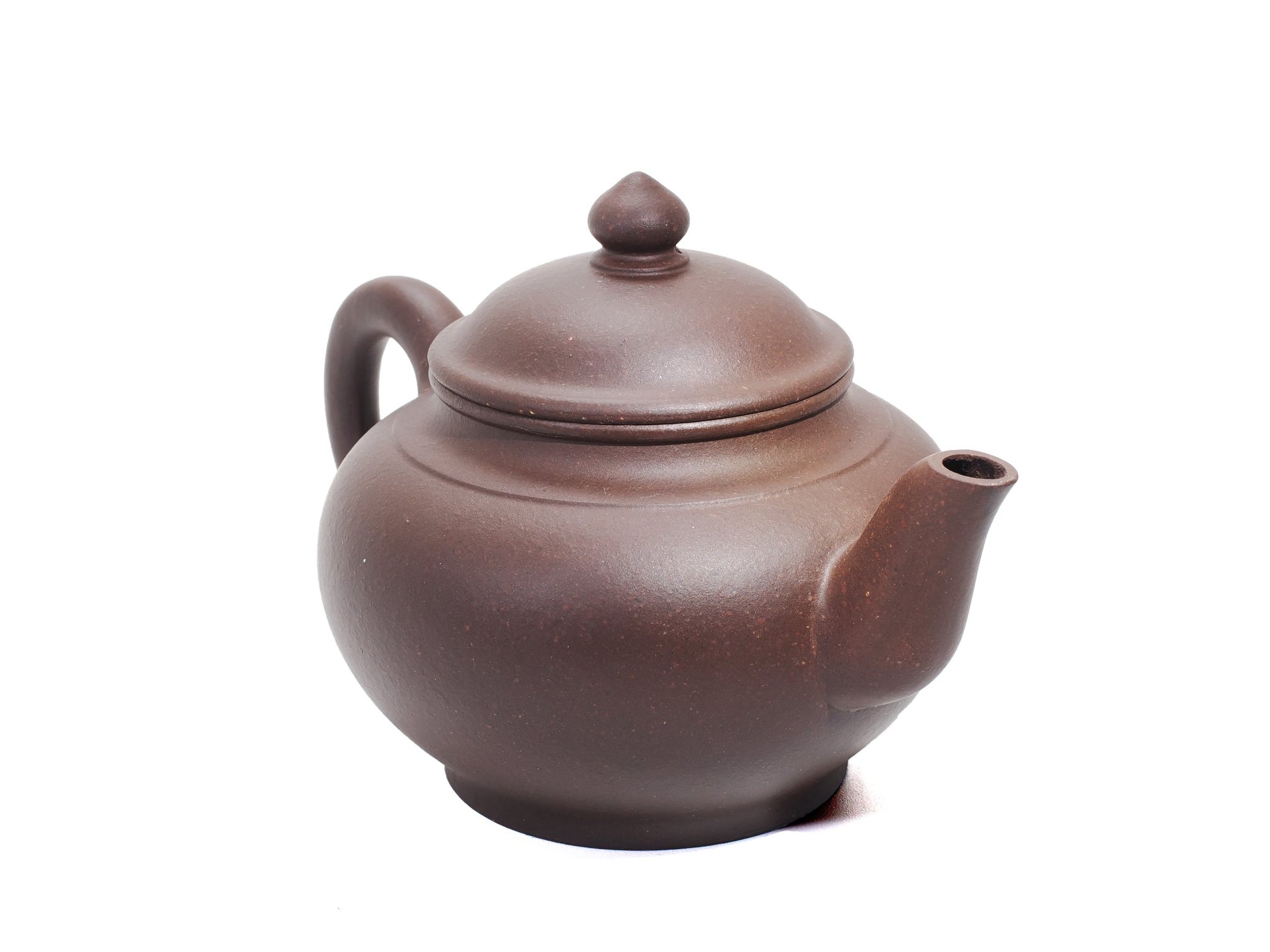Front‑right angled view of the bronze clay Xiao Ying teapot with a smooth rounded body, elegant curved spout and cherry‑like knob.
