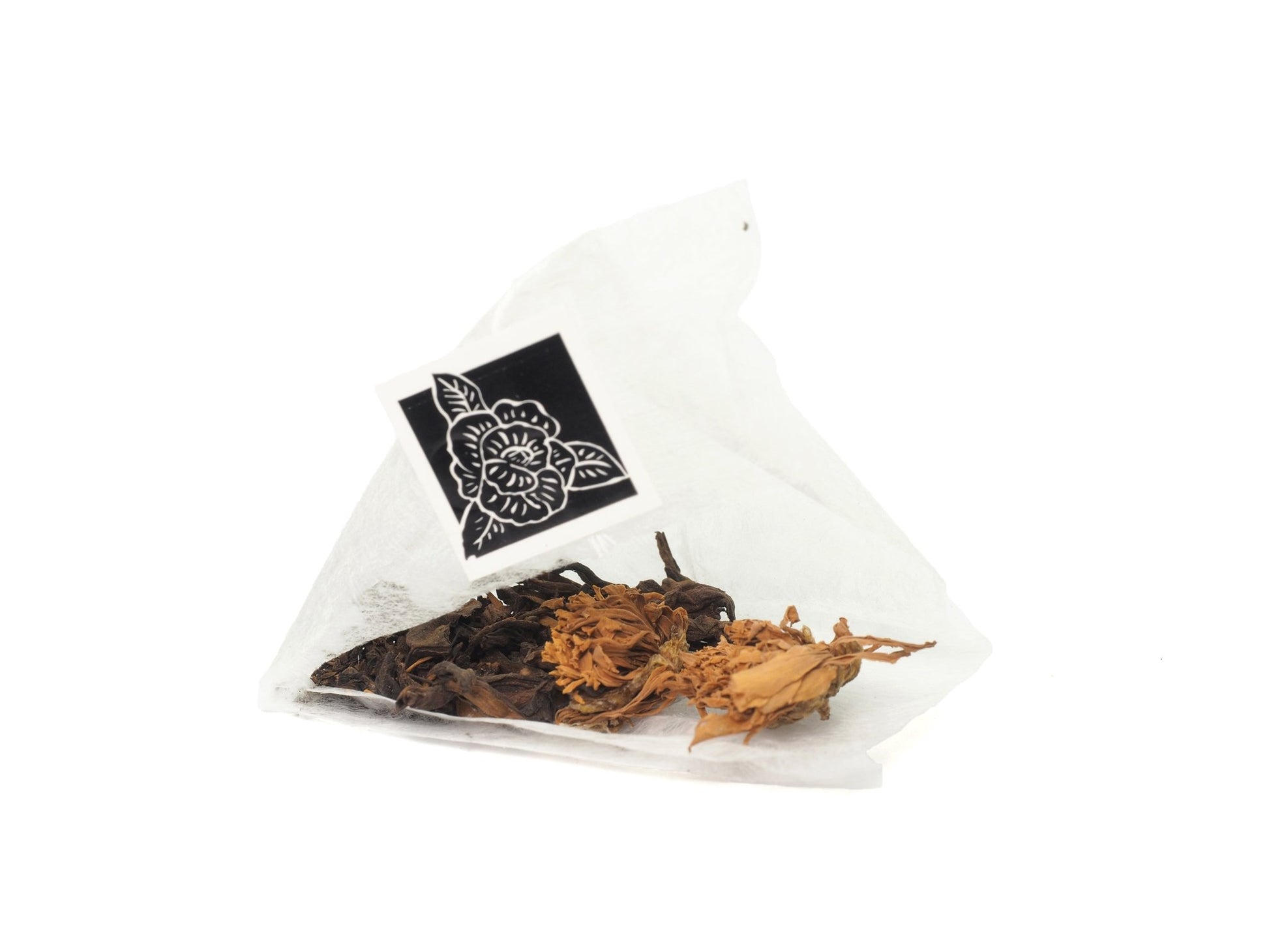 Loose leaves of premium Chrysanthemum Pu-Erh whole tea leaves in tea bags from Cha Zhi Ji