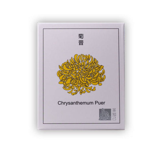 Packaging of premium Chrysanthemum Pu-Erh whole tea leaves in tea bags from Cha Zhi Ji