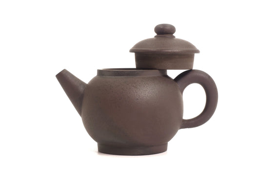 Front view with lid opened of Yixing Zisha Wood Fired Ju Lun Zhu Teapot, 120ml, Zhao Zhuang Hong Ni, from Cha Zhi Ji